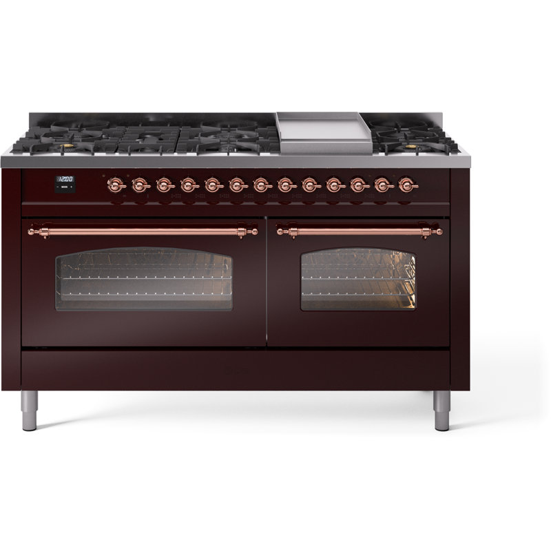 ILVE Nostalgie II Series 60 inch Dual Fuel Range with 9 Sealed Burners, Griddle (Glass Door), Burgundy/Copper, Natural Gas