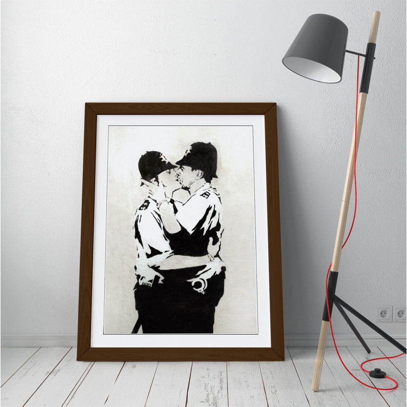 Kissing Coppers - Single Picture Frame Print on Canvas, Brown Framed, 47cm H x 35cm W x 2cm D