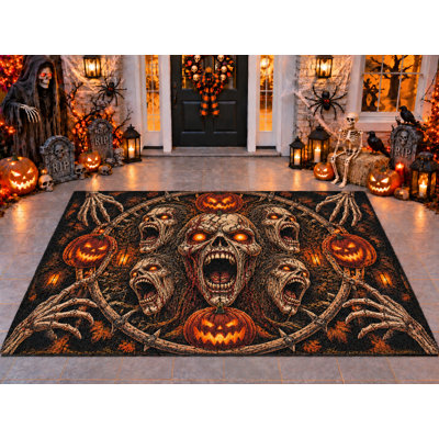 Tapis d'extérieur de 5 pi x 7 pi avec visages de crâne d'Halloween en forme de tête de mort zombi, tapis de boucle en PVC robuste et imperméable, tapis de patio robuste, tapis d'extérieur intérieur à séchage rapide pour porche d'entrée de balcon.