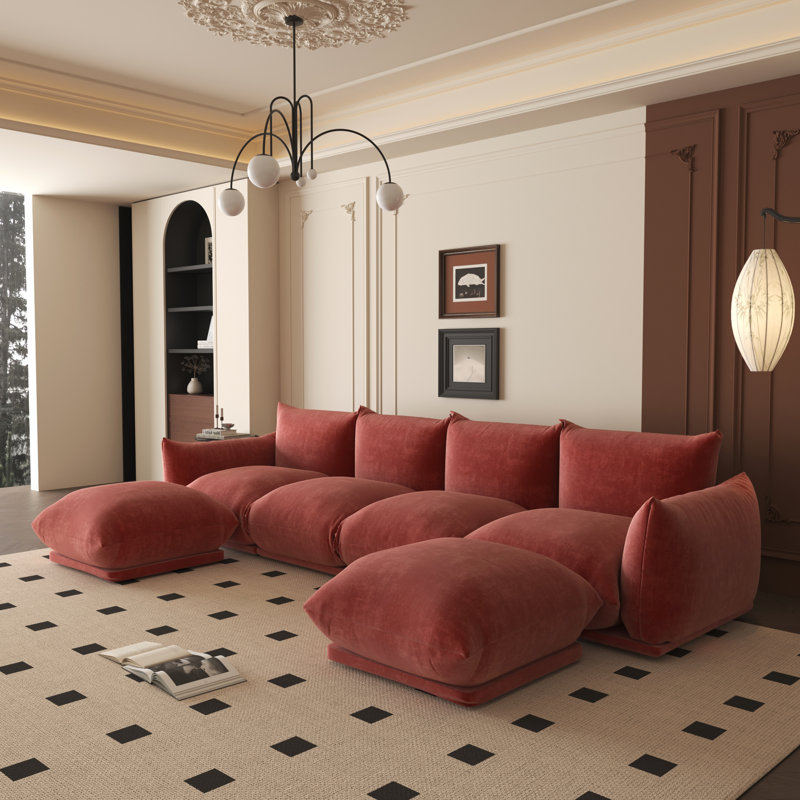Minarik 4-Seat Chenille Fabric Upholstered Sectional Sofa With 2 Ottoman, Red Chenille