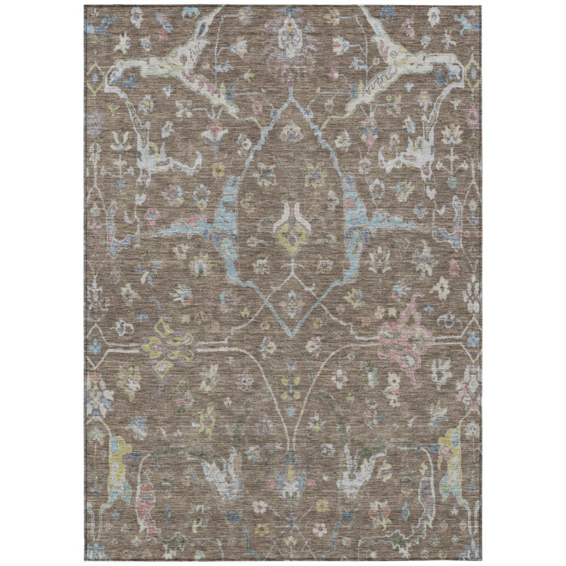 Tapis intérieur/extérieur lavable à motifs floraux brun, bleu et ivoire, 90 x 150 cm