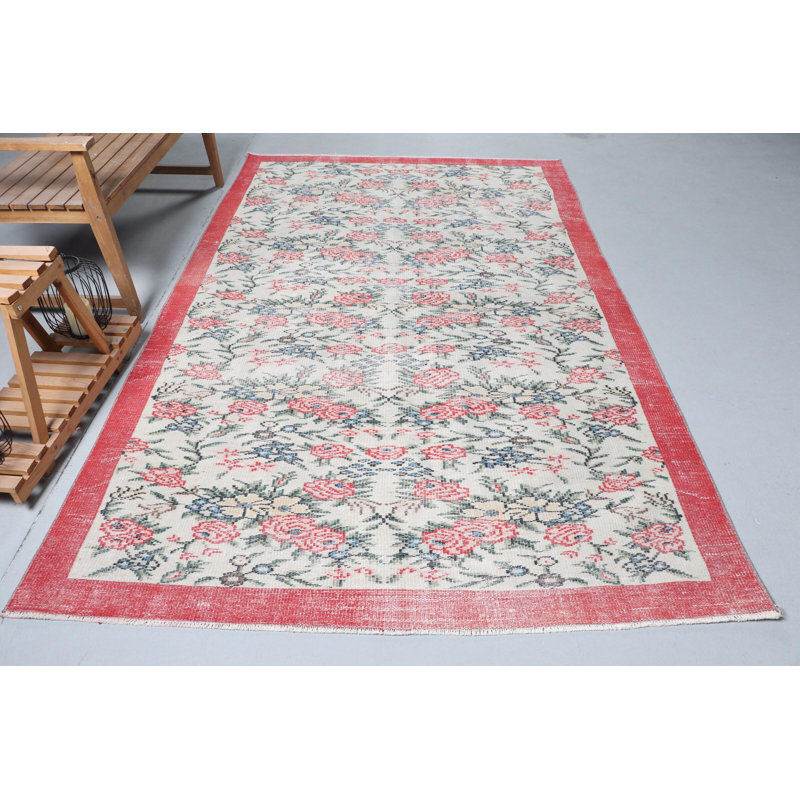 Grand tapis turc rétro avec motif floral - décor rustique tissé à la main pour le salon