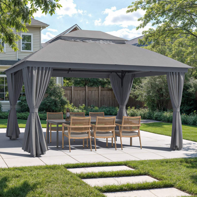 Vita 13 Ft. W x 10 Ft. D Steel Patio Gazebo with Soft Top Double Roof and Curtains