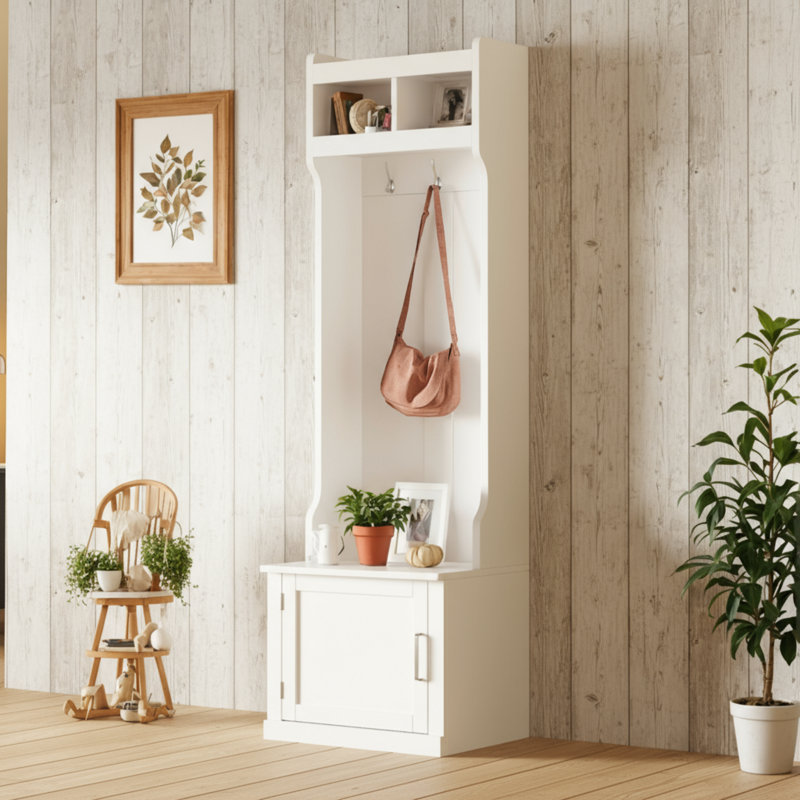 The White Minimalist And Slender Hall Tree Combines A Cabinet, 6 Hooks And A Coat Rack Storage Bench In One. It Is Elegantly Suitable For Corridors, Hallways And Living Rooms, And Is Exquisite And Practical.