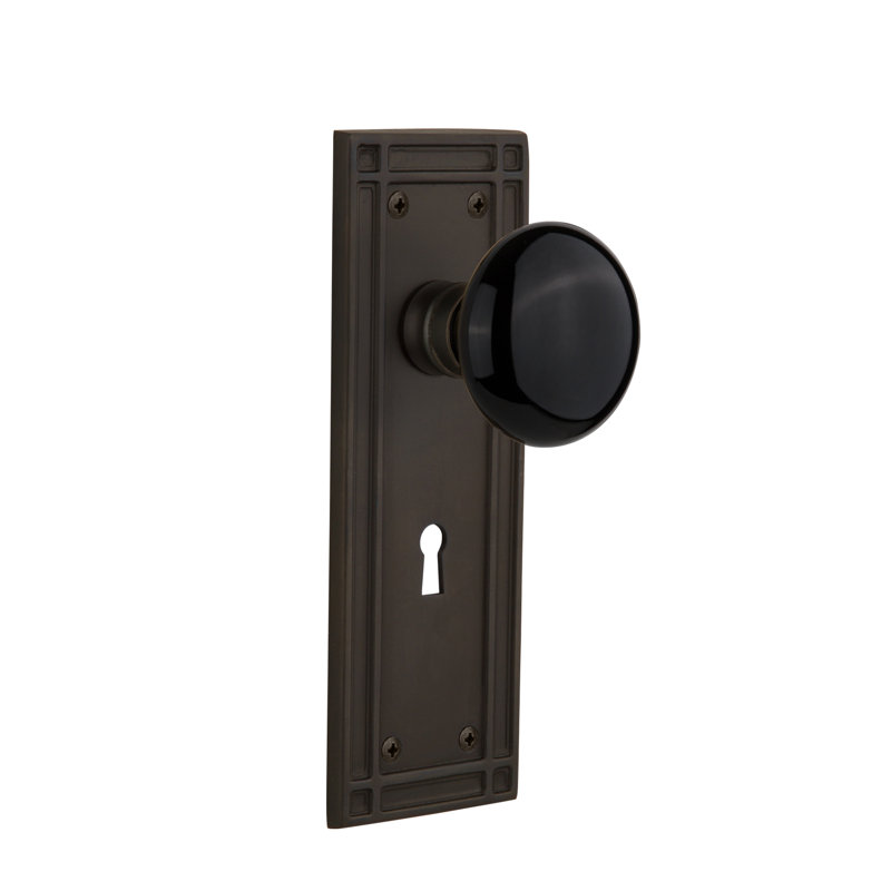 Assiette Mission avec trou de serrure décoratif et bouton de porte en porcelaine noire, Bronze frotté à l'huile