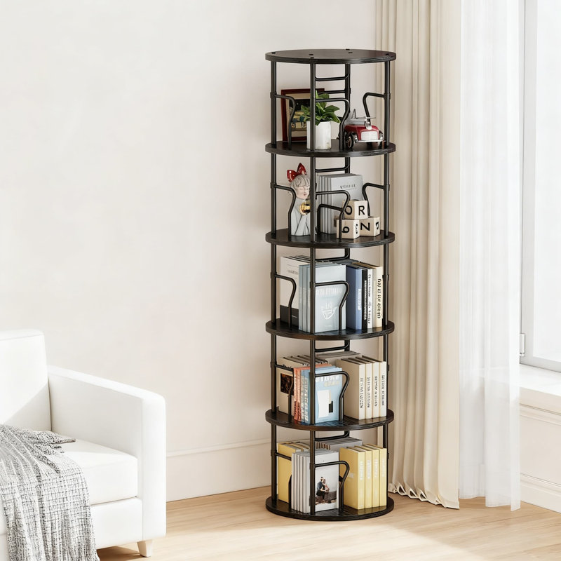 Étagère rotative à 5 niveaux avec bibliothèque pivotante à 360 ° avec structure en métal robuste, organisateur de rangement au sol pour le bureau à domicile et les petits espaces