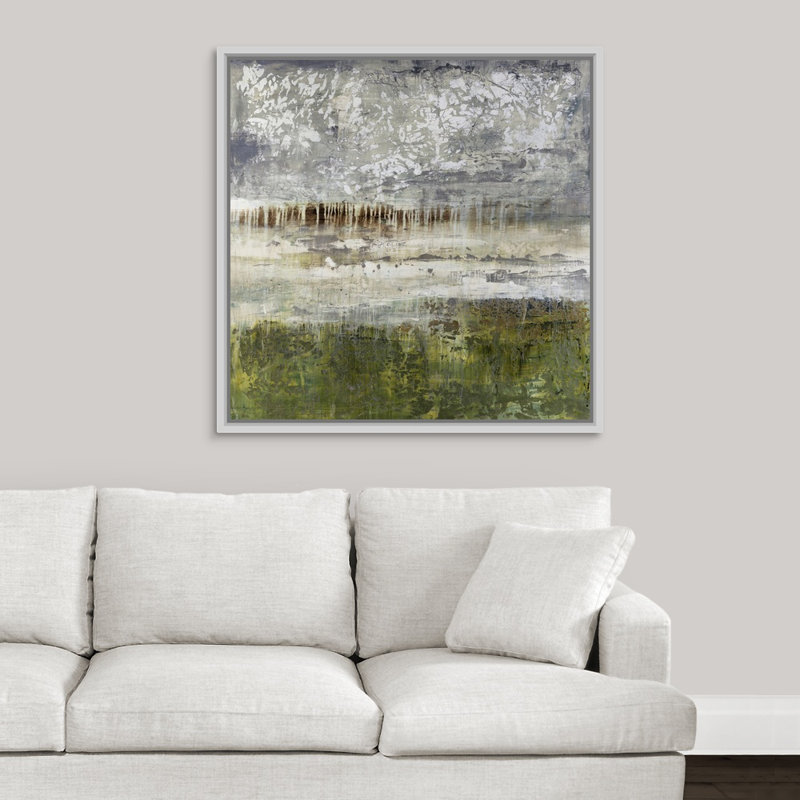 « silver pré », peinture sur toile, H 37,7 po x l 37,7 po x p 1,75 po, Cadre flottant blanc