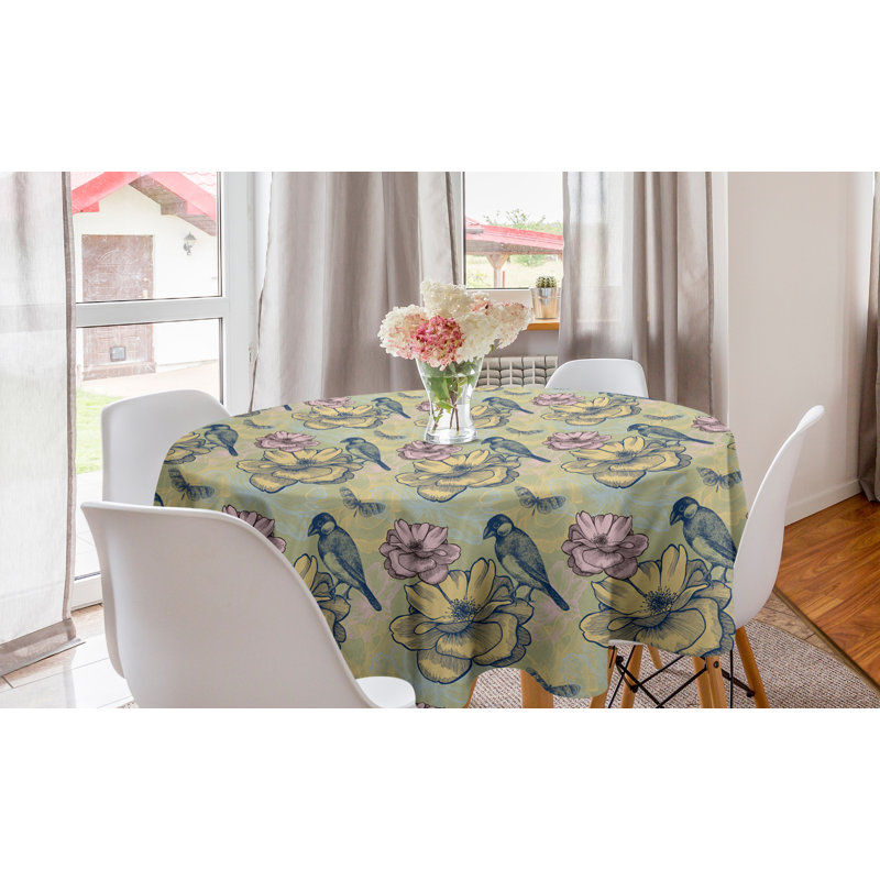 Ambesonne Spring Round Tablecloth, Flourishing Nature Theme Hand Drawn Small Bird Butterfly And Blooming Flower Pattern, Circle Table Cloth Cover For Dining Room Kitchen Decoration, 60", Multicolor