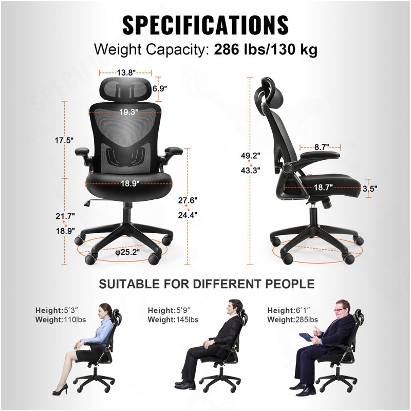 Chaise de bureau avec support lombaire réglable, chaise de bureau ergonomique à haut dossier avec appui-tête réglable, dossier de chaise de bureau ergonomique avec accoudoir en 2 dimensions, chaise d'ordinateur pour la maison, bureau