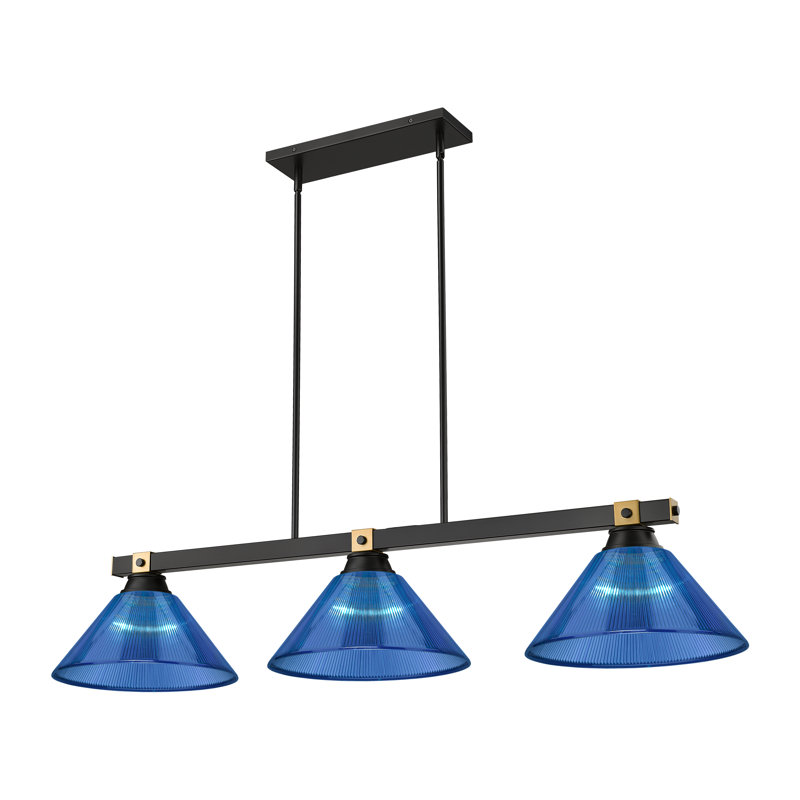 Arles 3 Light Billiard in Matte Black + Rubbed Brass, 9.5" H x 14" W x 52.75" D, Blue