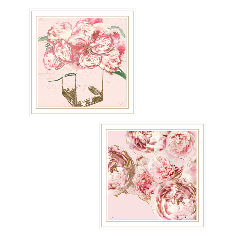 "Ensemble de deux pivoines", impression encadrée, Cadre d'angle fermé en bois massif blanc