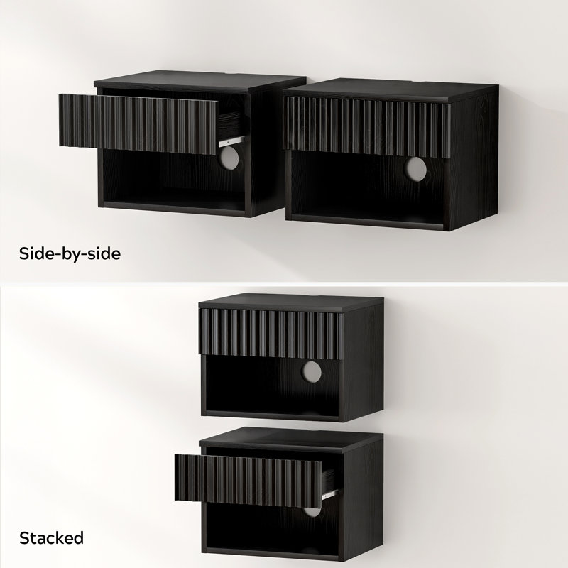 Drawer Wall-Mounted Nightstand With Open Cubby, Set of 3, Black