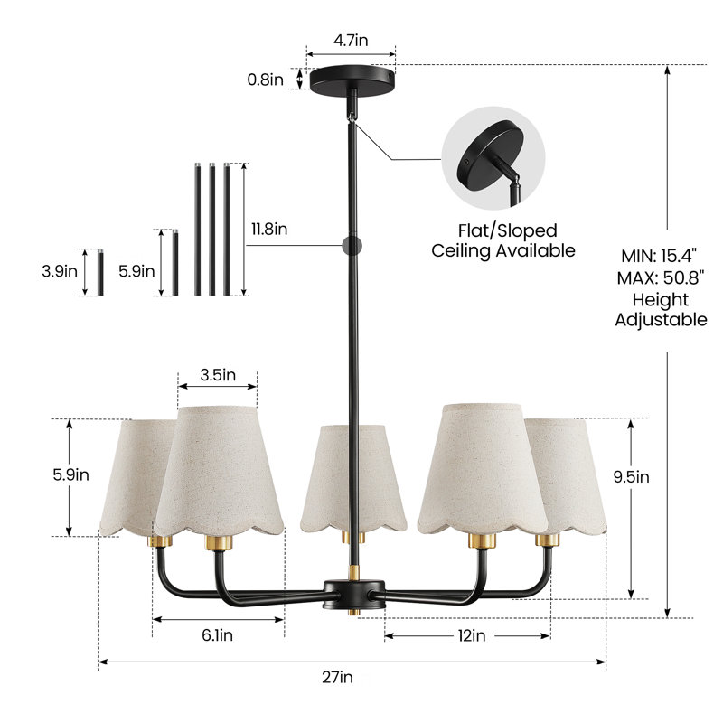 5-Light Modern Dimmable Chandelier With Fabric Shades, Matte Black/Gold