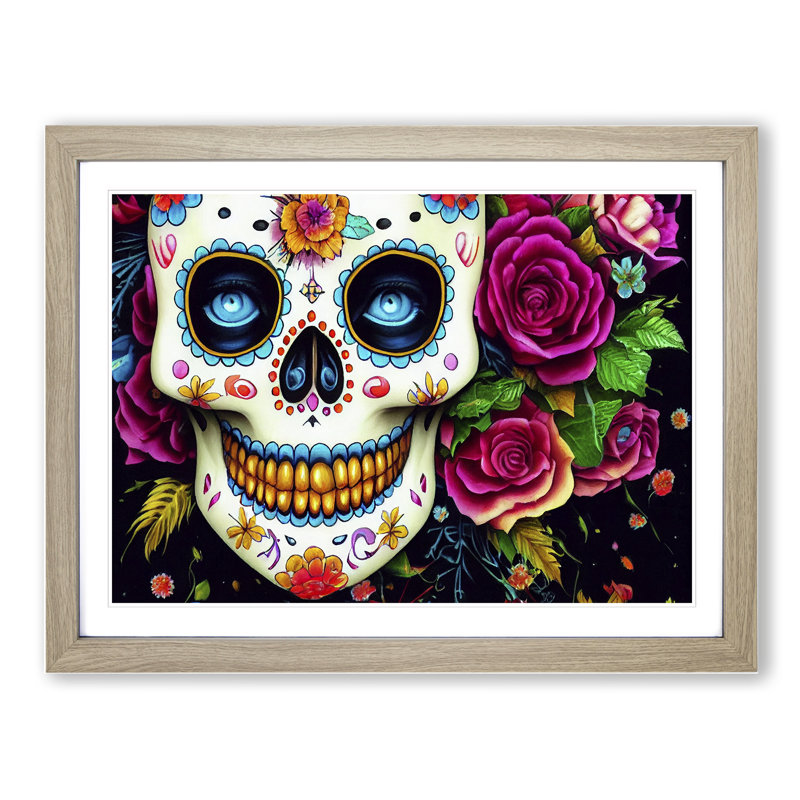 Bold Floral Sugar Skull - Single Picture Frame Print, 46cm H x 64cm W x 2cm D, Oak Framed