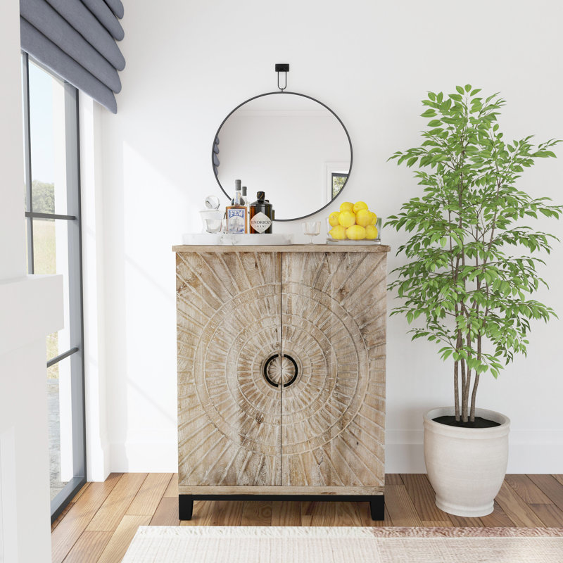 Viva Solid Wood Bar Cabinet, Iron/Beige/Black