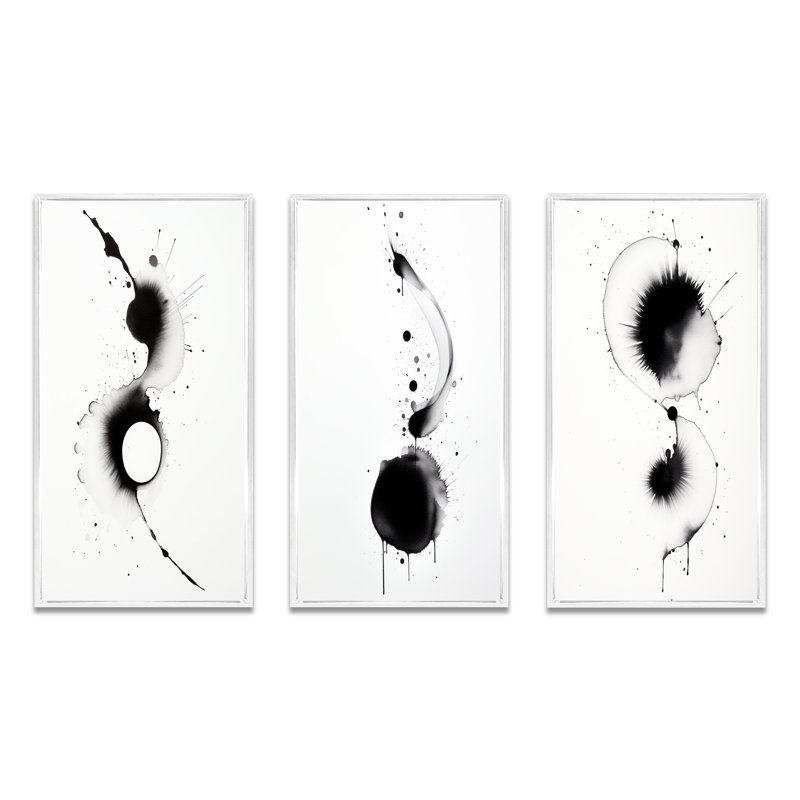 Subtle Ink Monochromatic Symphony VIII - Abstract Painting Art Set Of 3 Pieces, Cadre blanc, H 20 po x l 36 po