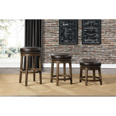 2pcs Brown Faux Leather Swivel Chairs, Solid Wood Base, Round Shape, Dining Room Furniture Of 2 Transitional Stools - 360° Rotation, Nailhead Trim, Frame For