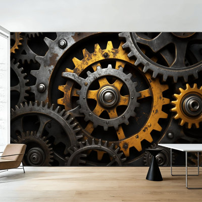 Peel and Stick Wallpaper Industrial Gear Mechanical Metal Vintage Machine Interlocking Gears Wall Murals 100"H x 144"W Removable PVC Wall Paper Self-Adhesive Wall Decor for Bedroom Living Room Home Office