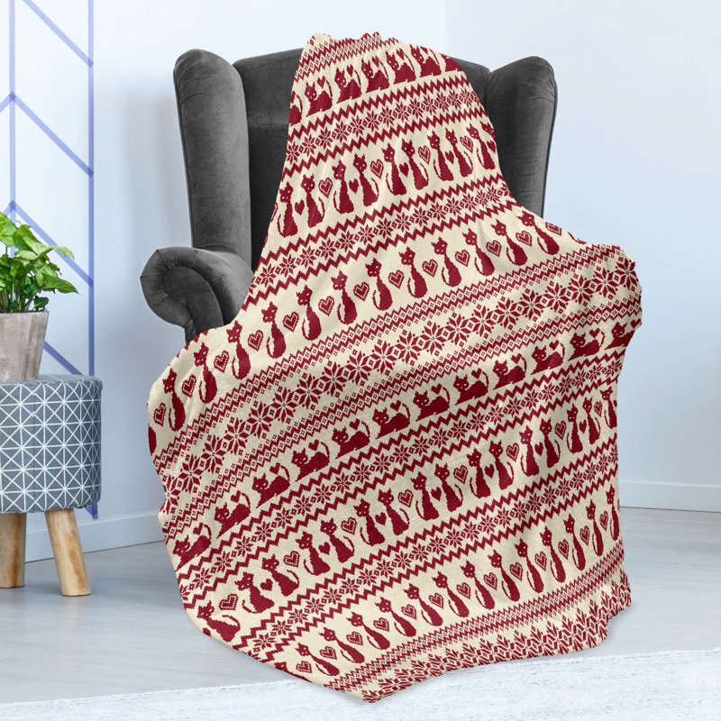 Ambesonne Nordic Fleece Throw Blanket Cat Pattern Pixel Art Beige Ruby, 50" W x 70" L