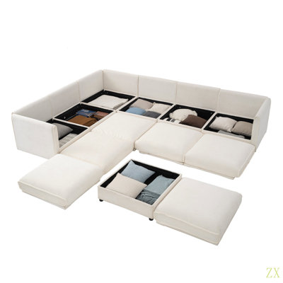 Grand canapé modulaire modulaire avec rangement Canapé modulaire en chenille pour le salon, le dossier cylindrique et les accoudoirs 6 sièges