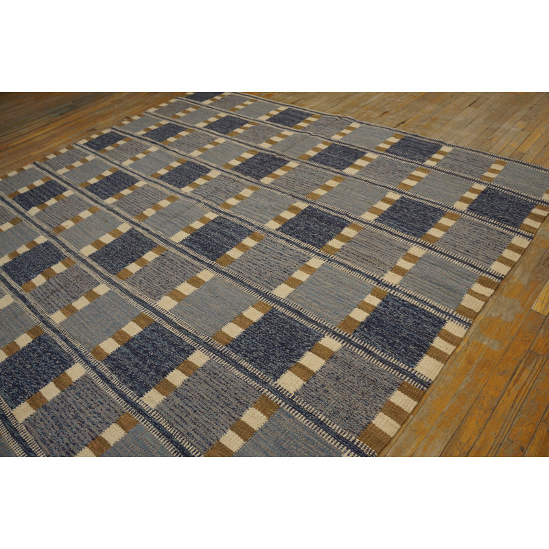 Tapis unique en laine noué à la main de 9 pi x 12 pi bleu / bleu marine / brun