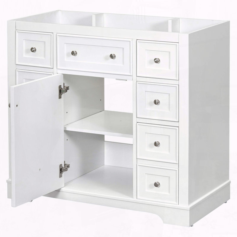 36" Freestanding Bathroom Vanity Cabinet Base with Six Drawers, Blanc