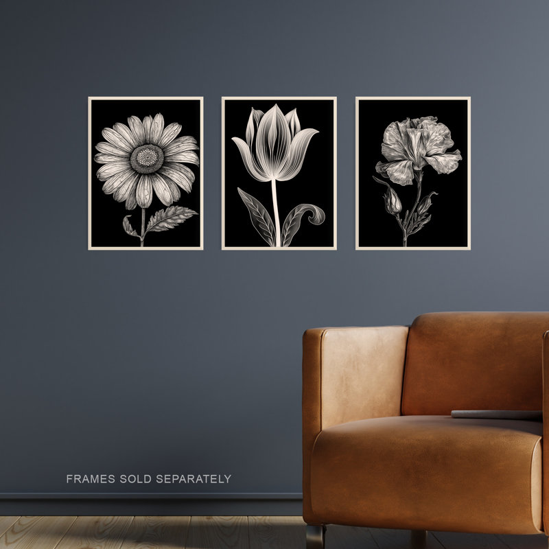 Elegant Single Tulip Daisy Rose Spring Flowers Black White - 3 Piece No Frame Print Set, 29.7cm H x 21cm W x 0.4cm D