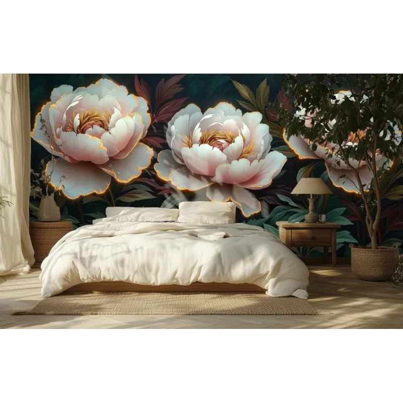 Adhésif mural pivoine rose sur fond foncé, 108" L x 192" W
