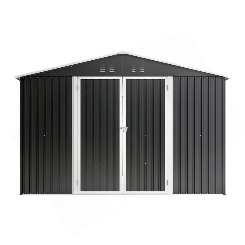 Remise de rangement extérieure 10 pi x 12 pi, rangement pour outils en métal avec portes verrouillables et structure à cadre, grande remise en métal pour la cour arrière, pelouse de patio, noir