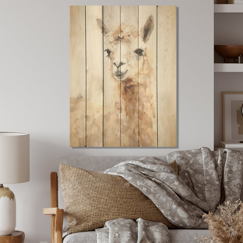 Minimalisme Alpaca Grunge I - Alpacas, art mural sur bois de pin naturel, H 32 po x l 24 po