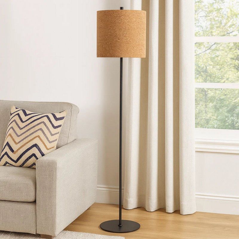 Plue 63 Inch Floor Lamp, Pole w Round Base, Cork Drum Shade, Black, Brown