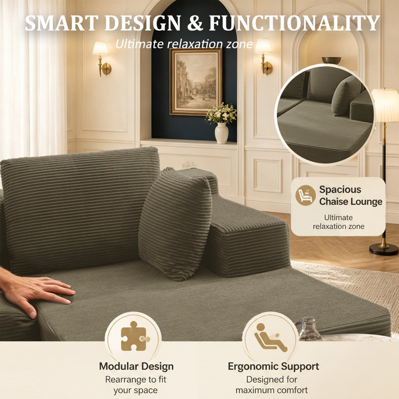 Canapé modulaire moderne en L avec méridienne, siège profond en velours côtelé, sans assemblage requis, Taupe Gray
