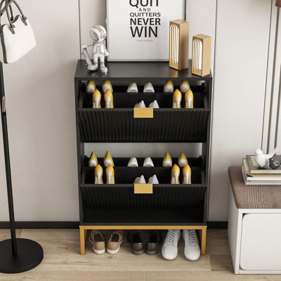 Shoe Cabinet Storage for Entryway, Modern Slim Shoe Organizer, Tipping Shoe Cabinet with 2 Flip Drawers Fluted Panel