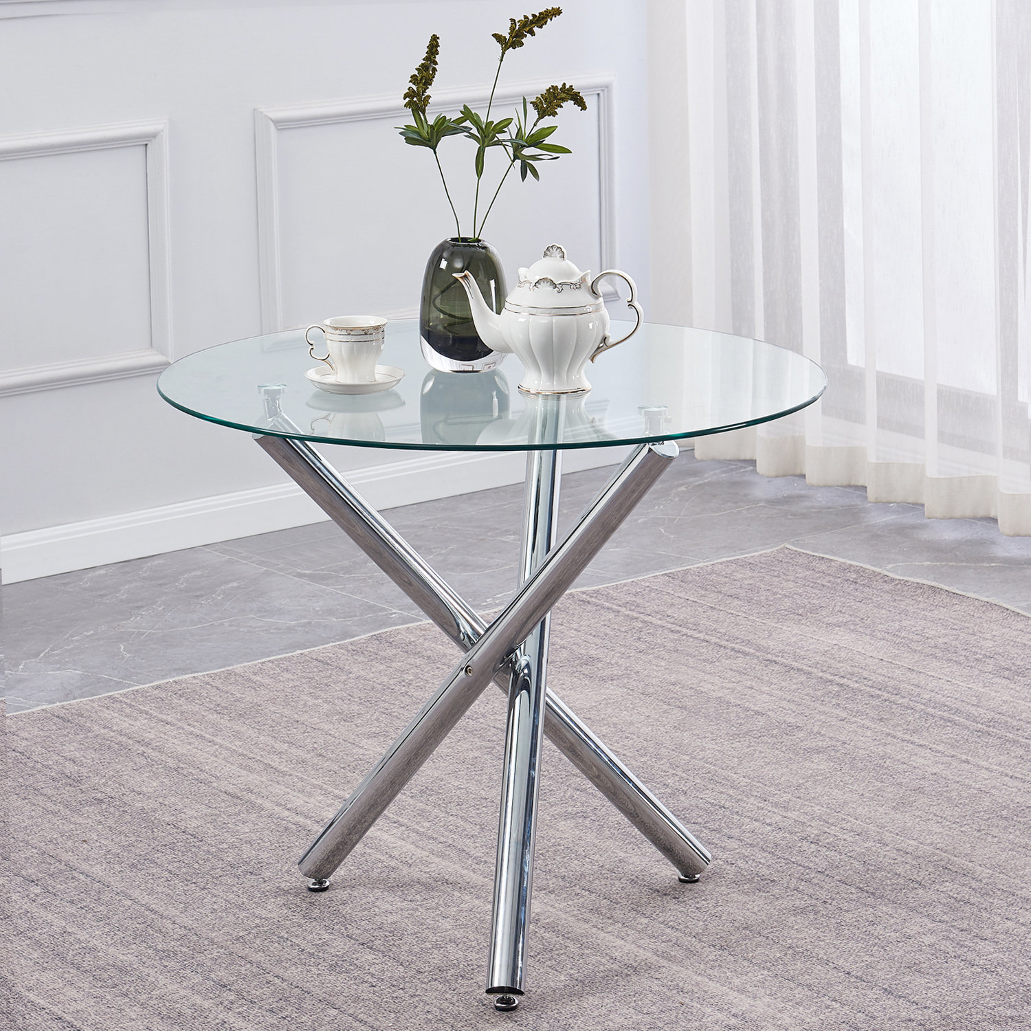 Wrought Studio™ Round Glass Dining Table With 3 Chrome Legs And Clear ...