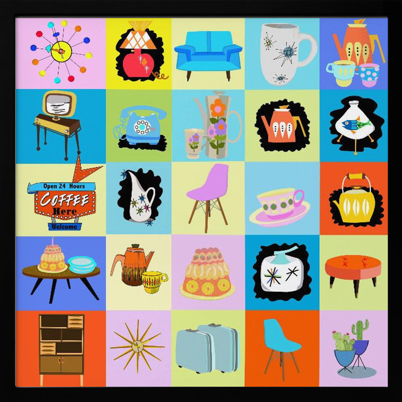 "Mid century pop", art mural texturé encadré, Noir, H 30 po x l 30 po