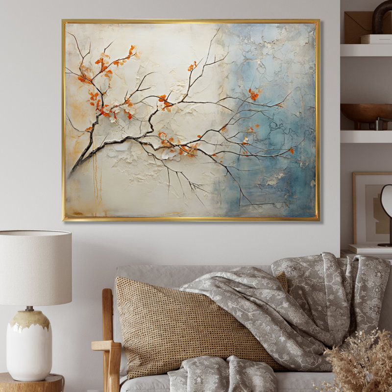 «Coral Teal Maple Tree Glowing Agate», impression sur toile érable, Cadre flottant doré, 12" H x 20" W