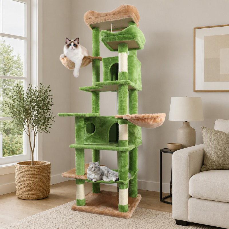 Arbre à chat multiniveaux de 173 cm de hauteur avec hamacs, panier suspendu, grotte pour chat, coussins amovibles et poteaux à griffer résistants - Idéal pour les chats d'intérieur et les foyers avec plusieurs chats