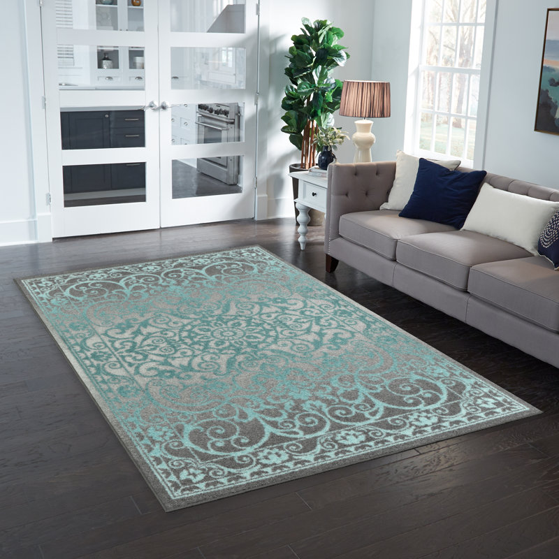 Tapis spa / turquoise / ivoire Dreyfuss, Rectangulaire 7 pi x 10 pi, Vert