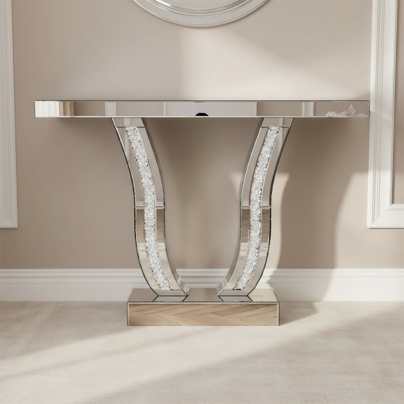 Console à miroir avec base en forme de U et grain de bois joint à la main