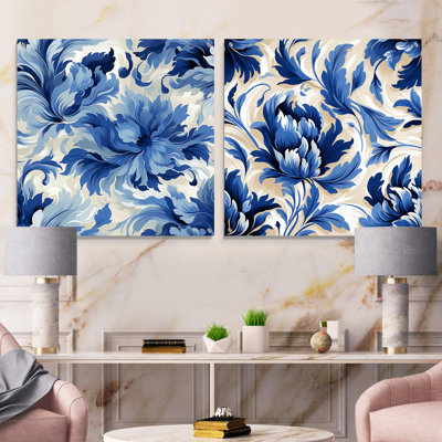 «Ikat Zen» bleu et blanc - ensemble d'art mural en acrylique sur verre floral