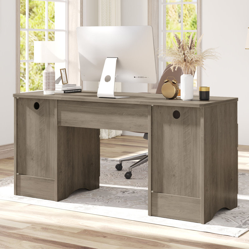 Luing 59''Fluted Executive Desks with File and Storage Drawers , Computer Writing Desk with Keyboard Tray, Home Office Desks with Cable Management and 2 Open Compartments