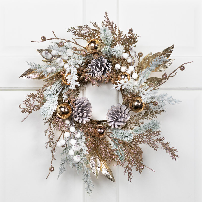 Couronne de Noël artificielle scintillante en forme de pin et boule - 20 po - non éclairée