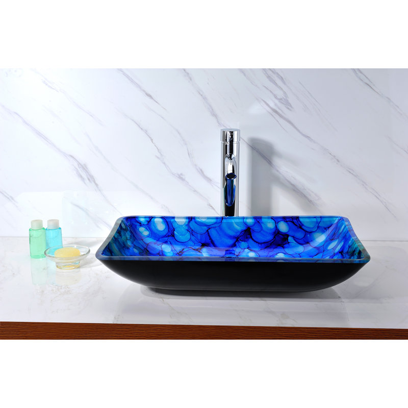 Lavabo de salle de bain vasque rectangulaire en verre trempé bleu lustré Avao