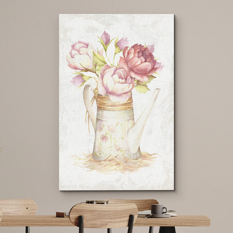 Aquarelle de roses rouges dans un arrosoir floral, illustrations botaniques chic, H 18 po x l 12 po