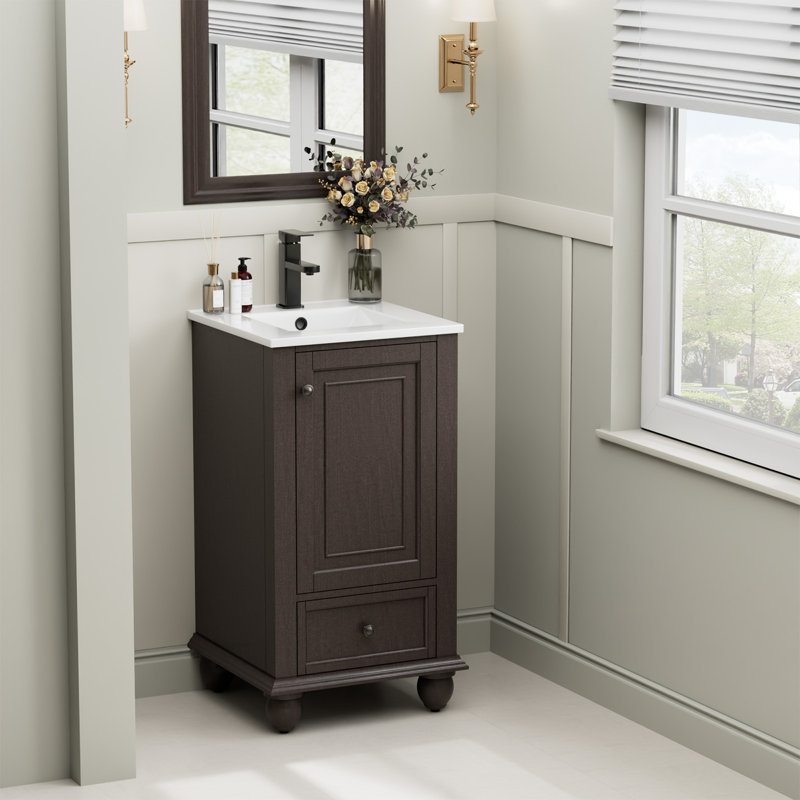 18" Single Sink Bathroom Vanity With Ceramic Top, Zinc Alloy Faucet, Painted Surface, Soft-close Doors, Brown