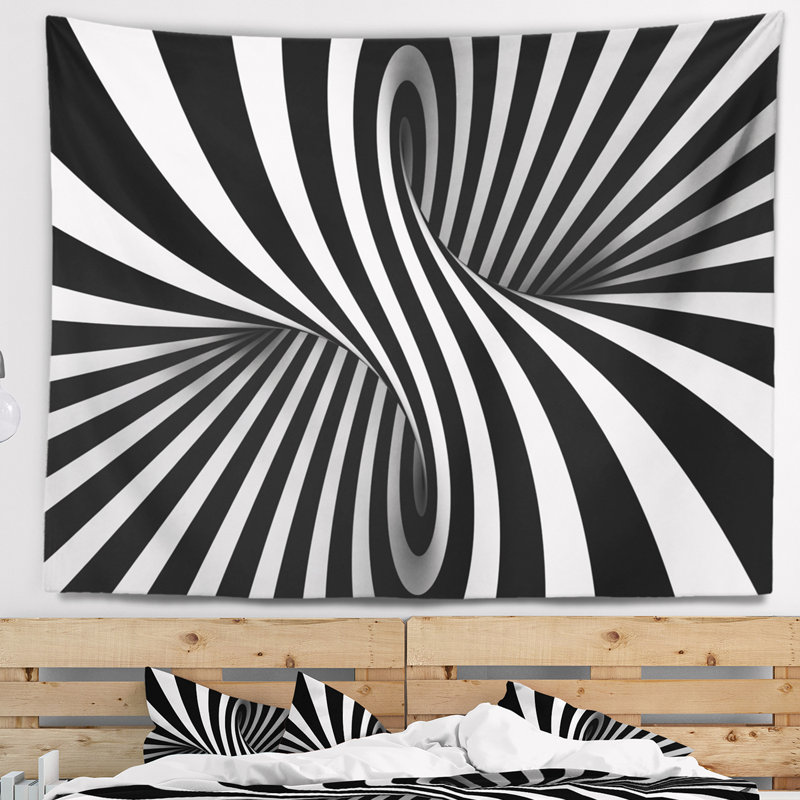 Tapisserie abstraite en spirale noire et blanche, H 32 po x l 39 po