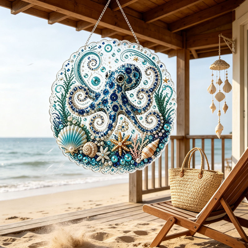 Ornement suspendu en acrylique, attrape-soleil marin, tortue, crabe, méduse, strass cristal, décoration murale/de fenêtre, E