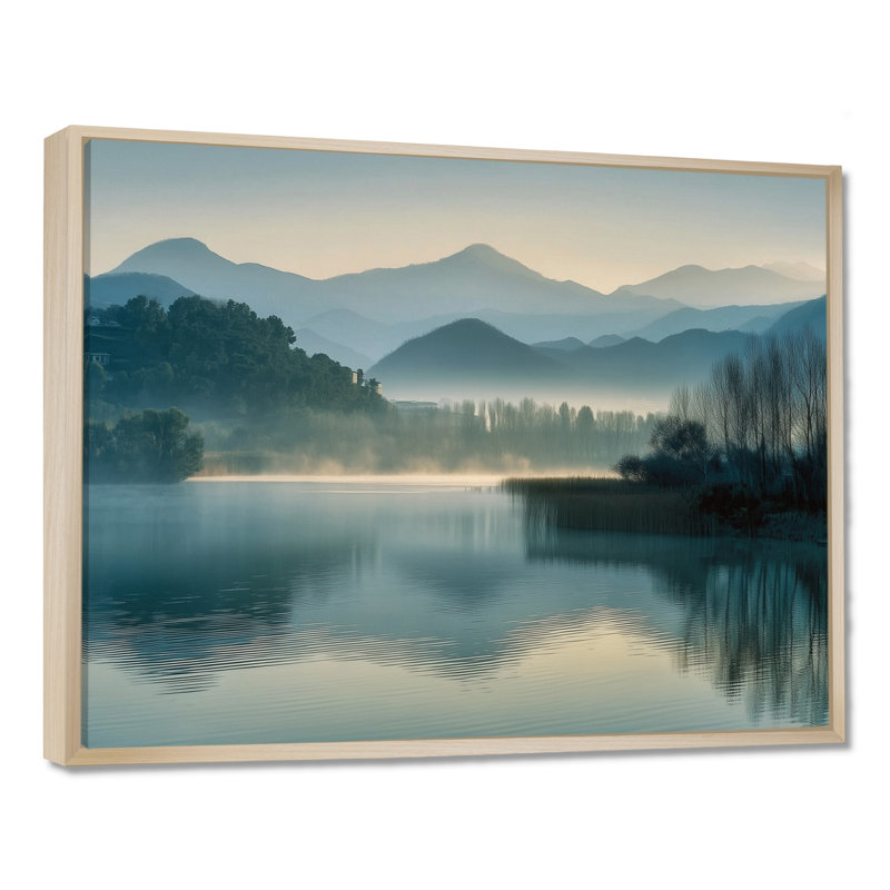 «Blue Serene Lake At Dawn With First Light», reproduction d'art sur toile, paysage bleu, H 16 po x l 32 po, Cadre flottant