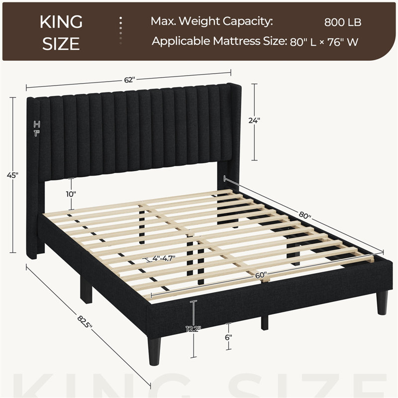 Upholstered Panel Bed, Queen, Black