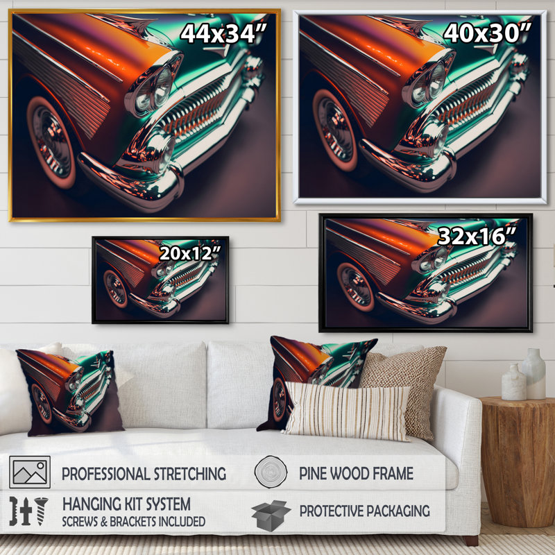 Rétro voiture rétro pendant l'heure dorée - reproduction sur toile, H 12 po x l 20 po x P 1 po, Cadre flottant doré